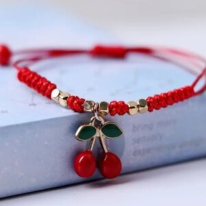 NWT! Red Cherry Adjustable Bracelet with Gold Tone Accent Beads!